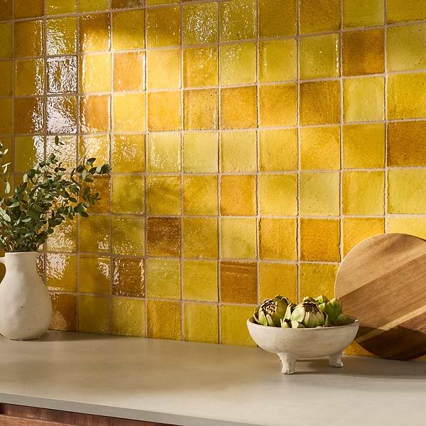 Terra Ember Canary Yellow 4x4 Handmade Crackled Glossy Terracotta Tile in Yellow, View 2, open zoomed image