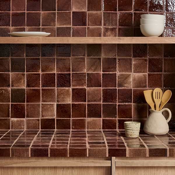 Terra Ember Hazelnut Brown 4x4 Handmade Crackled Glossy Terracotta Tile in Brown, View 2, open zoomed image