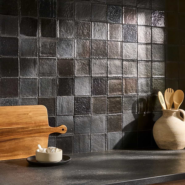 Terra Ember Jet Black 4x4 Handmade Metallic Crackled Matte Terracotta Tile in Black, View 2, open zoomed image