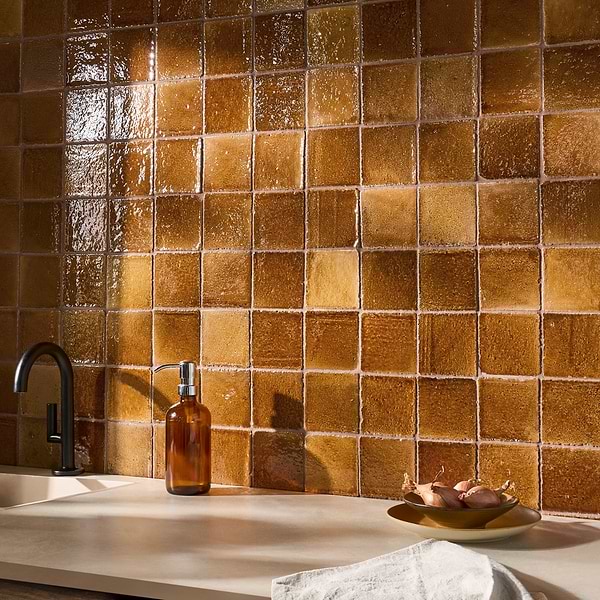 Terra Ember Ocre Brown 4x4 Handmade Crackled Glossy Terracotta Tile in Brown, View 2, open zoomed image