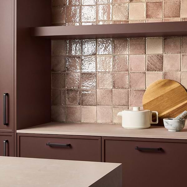 Terra Ember Rosa Pink 4x4 Handmade Crackled Glossy Terracotta Tile in Pink, View 2, open zoomed image