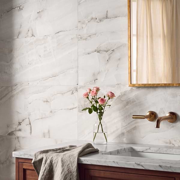 Basic Marble Onyx Aurelia Beige 12x24 Satin Porcelain Tile in Light Beige with veining, View 2, open zoomed image