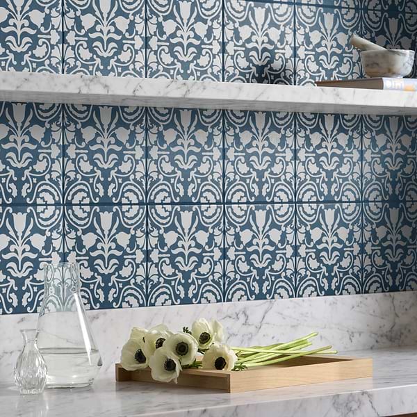 Elowynn Belle Marina Blue 8x8 Matte Porcelain Tile by Kravet in Blue, White, View 2, open zoomed image