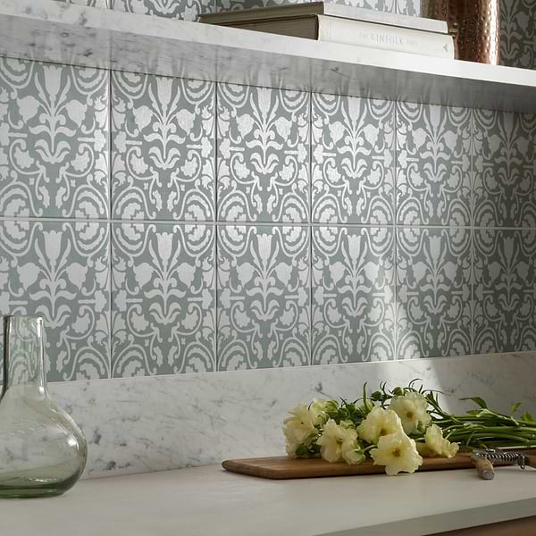 Elowynn Belle Seafoam Green 8x8 Matte Porcelain Tile by Kravet in Green, White, View 2, open zoomed image