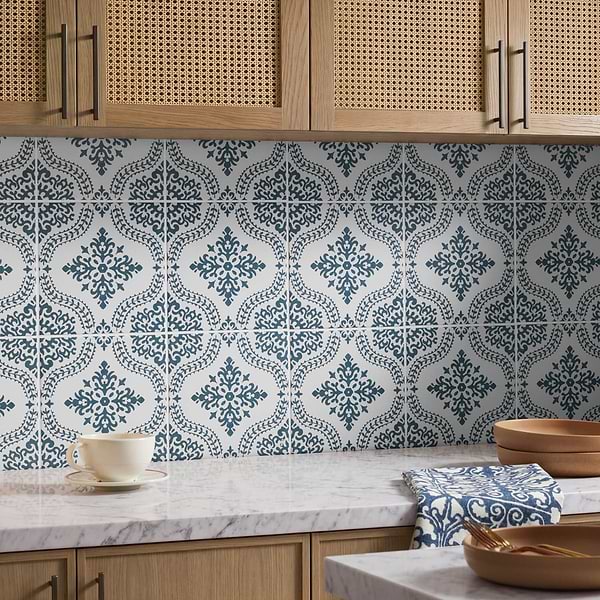 Elowynn Flora Cove White 8x8 Matte Porcelain Tile by Kravet in Blue, White, View 2, open zoomed image