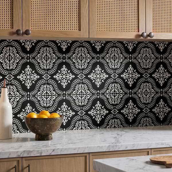 Elowynn Flora Midnight Black 8x8 Matte Porcelain Tile by Kravet in Black, White, View 2, open zoomed image