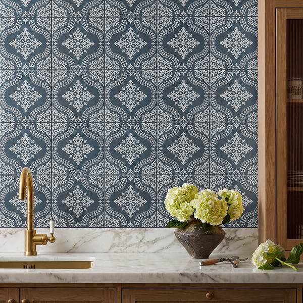 Elowynn Flora Marina Blue 8x8 Matte Porcelain Tile by Kravet in Blue, White, View 2, open zoomed image