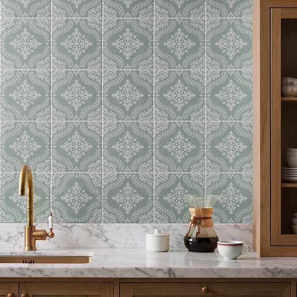 Elowynn Flora Seafoam Green 8x8 Matte Porcelain Tile by Kravet in Green, White, View 2, open zoomed image