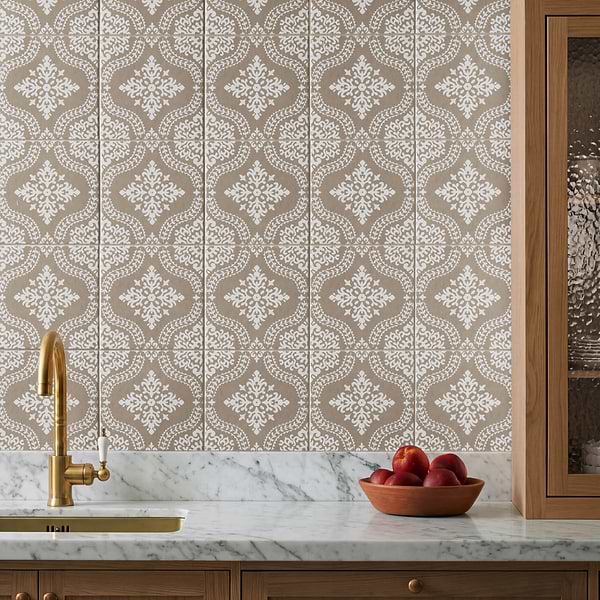 Elowynn Flora Sand Beige 8x8 Matte Porcelain Tile by Kravet in Beige & Cream, View 2, open zoomed image