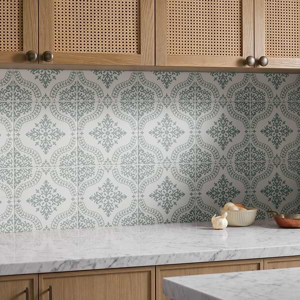 Elowynn Flora Salt White 8x8 Matte Porcelain Tile by Kravet in Green, White, View 2, open zoomed image