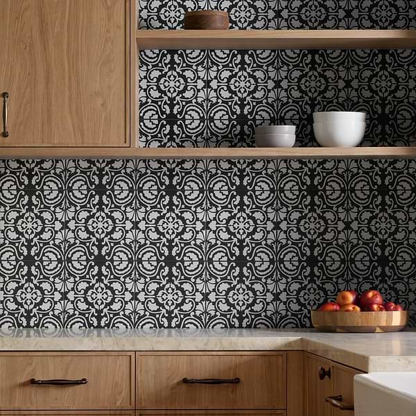 Elowynn Haven Midnight Black 8x8 Matte Porcelain Tile by Kravet in Black, White, View 2, open zoomed image