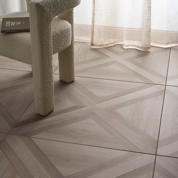 Marsai Modern Parquet Weathered & Medium Oak 32x32 Wood Look Matte Porcelain Tile in Brown, View 2, open zoomed image