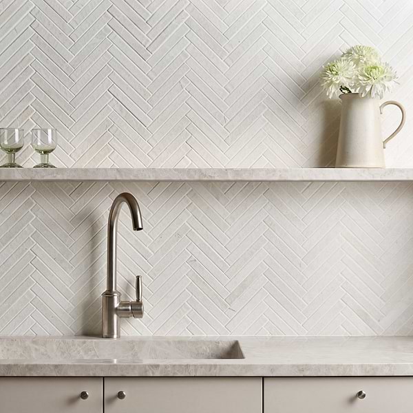 Velour Vanilla 1x6 Herringbone Leather Marble Mosaic Tile in Warm White, View 2, open zoomed image