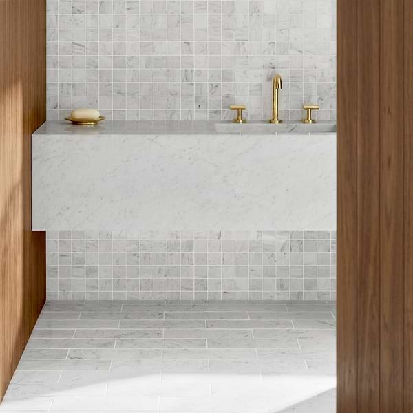 Bianco Carrara 4x12 Polished Marble Tile in White, View 2, open zoomed image