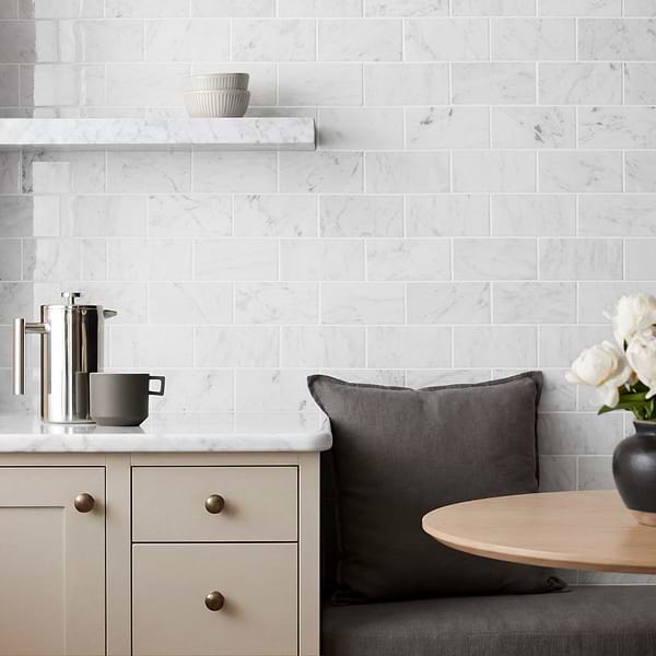 Bianco Carrara 3x6 Polished Marble Tile in White, View 2, open zoomed image