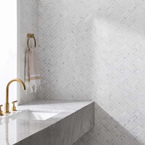 Bianco Carrara 1x3 Herringbone Honed Marble Mosaic Tile in White, View 2, open zoomed image