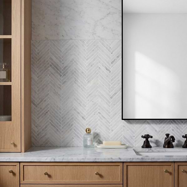 Bianco Carrara 1/2x4 Herringbone Honed Marble Mosaic Tile