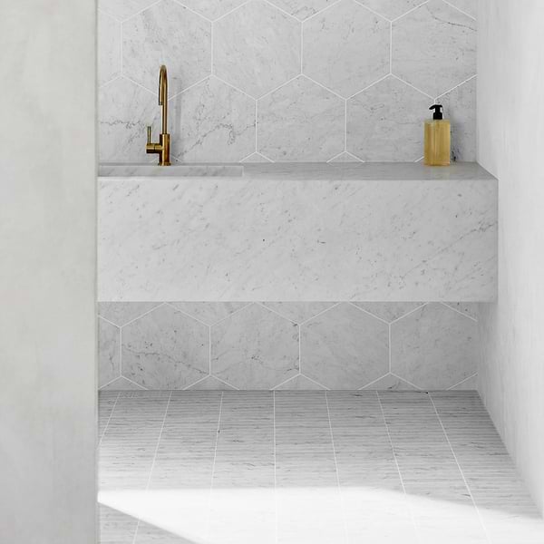Bianco Carrara 10" Hexagon Honed Marble Tile in White, View 2, open zoomed image