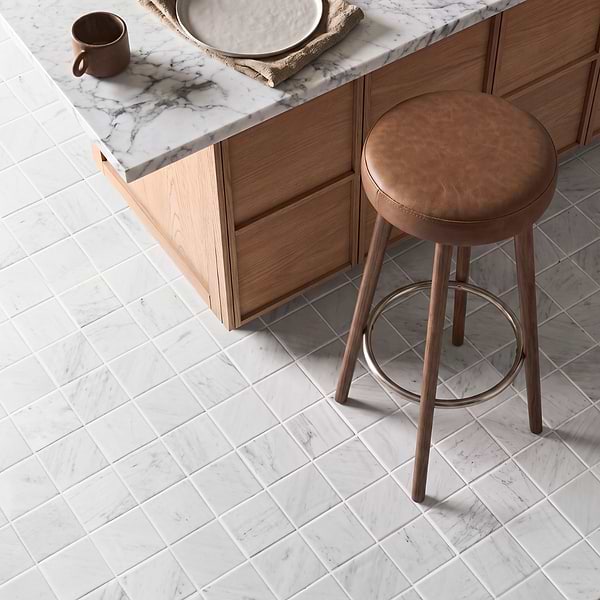 Velour Bianco Carrara 4x4 Leather Marble Tile in White, View 2, open zoomed image