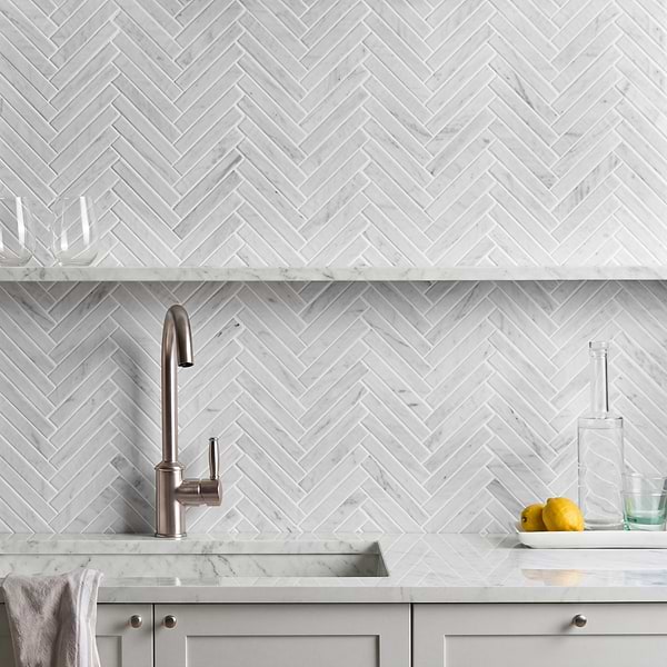 Velour Bianco Carrara 1x6 Herringbone Leather Marble Mosaic Tile in White, View 2, open zoomed image