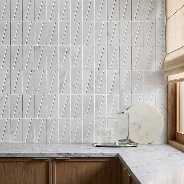 Velour Bianco Carrara 2x6 Trapezoid Leather Marble Mosaic Tile in White, View 2, open zoomed image
