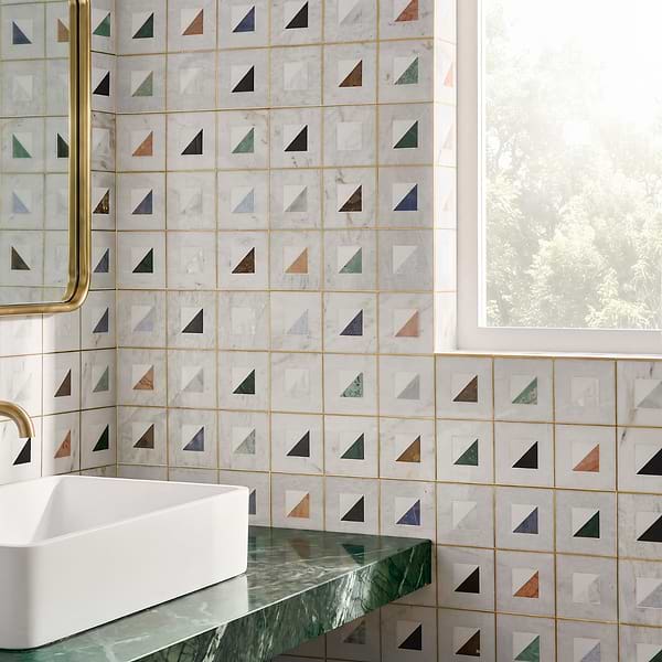 Adaya  Multicolor 4x4 Polished Marble, Pearl and Brass Mosaic Tile in White with gray and gold veining, View 2, open zoomed image