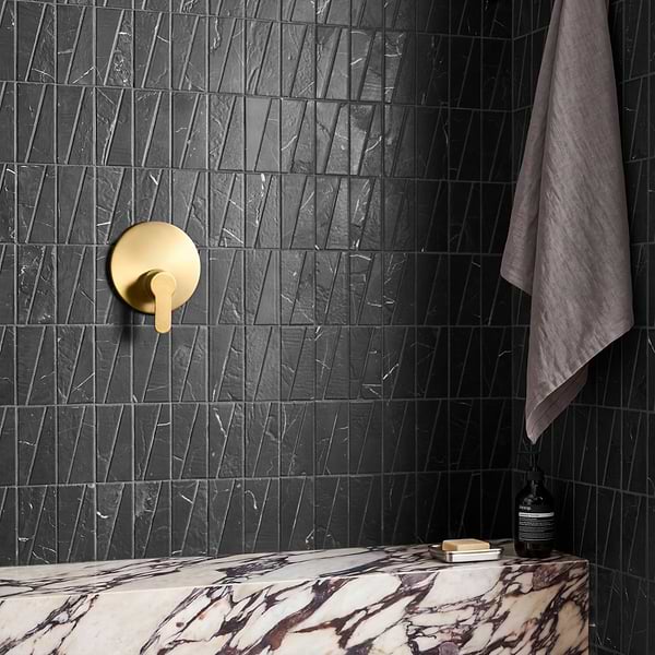 Velour Nero Marquina 2x6 Trapezoid Leather Marble Mosaic Tile in Black, White, View 2, open zoomed image