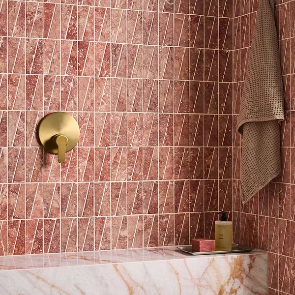 Velour Red Travertine 2x6 Trapezoid Leather Marble Mosaic Tile in Red, View 2, open zoomed image