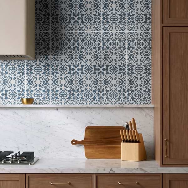 Elowynn Haven Cove White 8x8 Matte Porcelain Tile by Kravet in Blue, White, View 2, open zoomed image