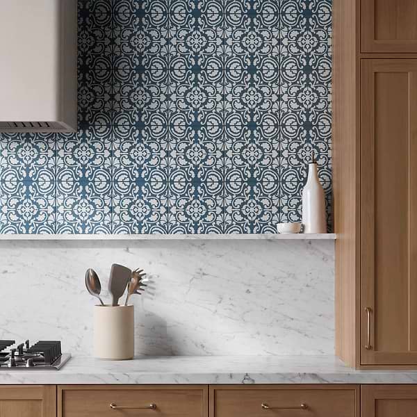 Elowynn Haven Marina Blue 8x8 Matte Porcelain Tile by Kravet in Blue, White, View 2, open zoomed image