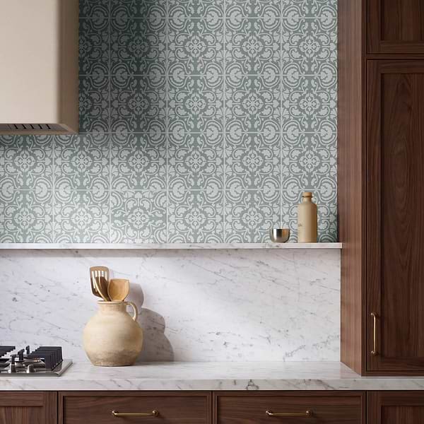 Elowynn Haven Seafoam Green 8x8 Matte Porcelain Tile by Kravet in Green, White, View 2, open zoomed image