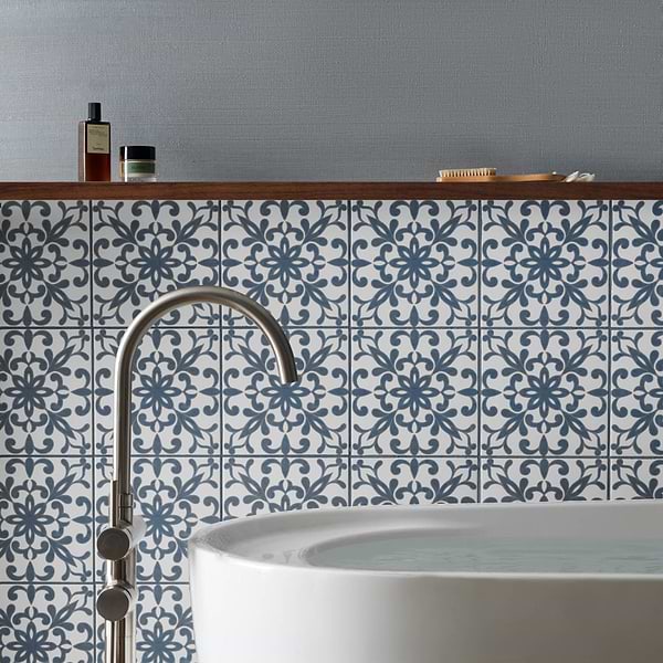 Elowynn Medallion Cove White 8x8 Matte Porcelain Tile by Kravet in Blue, White, View 2, open zoomed image