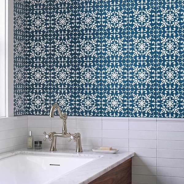 Elowynn Medallion Marina Blue 8x8 Matte Porcelain Tile by Kravet in Blue, White, View 2, open zoomed image