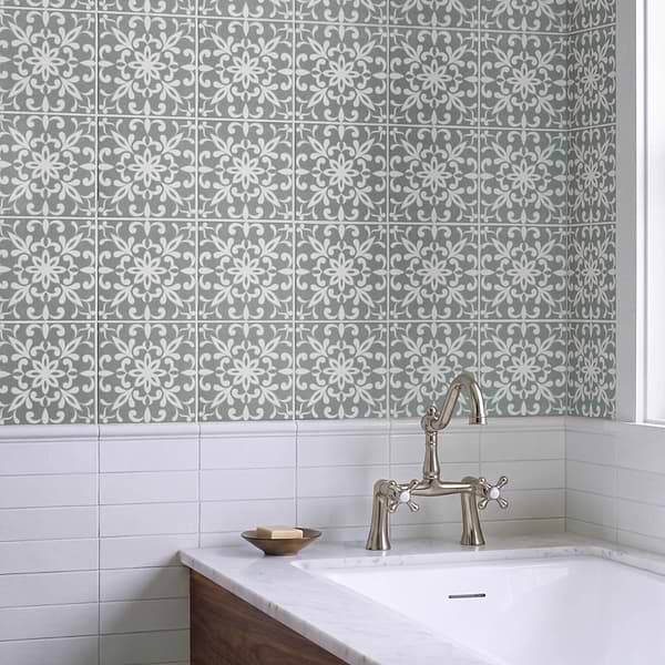 Elowynn Medallion Seafoam Green 8x8 Matte Porcelain Tile by Kravet in Green, White, View 2, open zoomed image