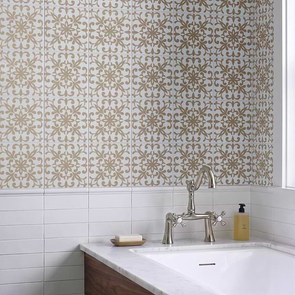 Elowynn Medallion Shell White 8x8 Matte Porcelain Tile by Kravet in Beige & Cream, View 2, open zoomed image