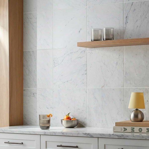 Bianco Carrara Premium "C" 12x12 Polished Marble Tile in White, View 2, open zoomed image