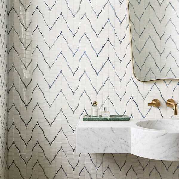 Ikara Thassos Polished Waterjet Marble Mosaic Tile in White, Blue, View 2, open zoomed image