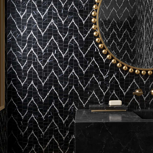 Ikara Nero Marquina Honed Waterjet Marble Mosaic Tile in Black, Gray, View 2, open zoomed image