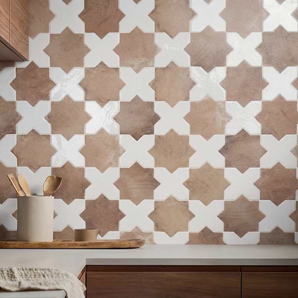 Parma Cotto Brown Matte Star and White Polished Cross 6" Terracotta Look Porcelain Tile