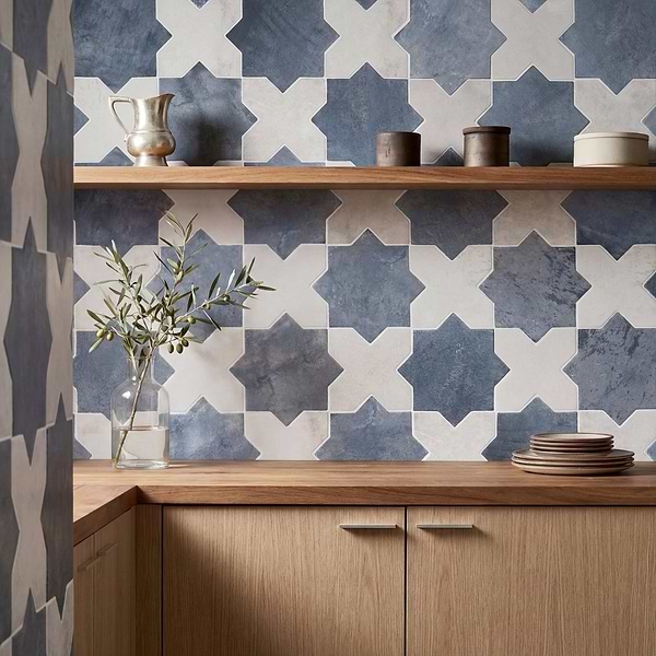 Parma Denim Blue Matte Star and White Matte Cross 6" Terracotta Look Porcelain Tile