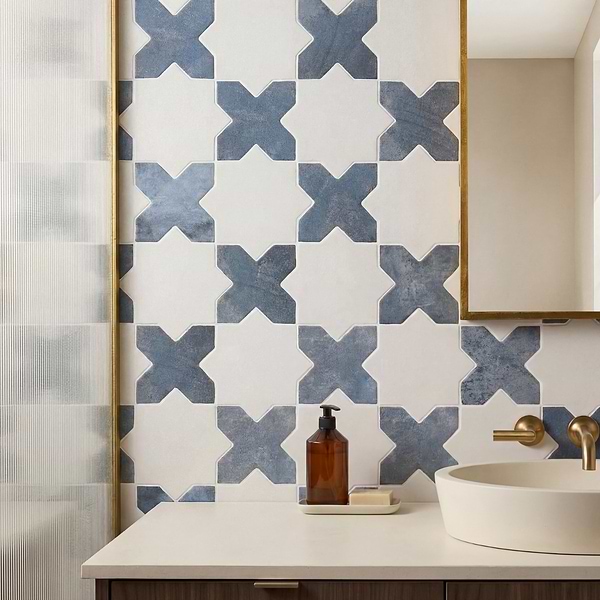 Parma White Matte Star and Denim Blue Matte Cross 6" Terracotta Look Porcelain Tile