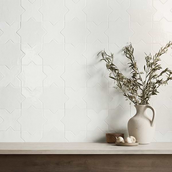 Parma White Polished Star and White Polished Cross 6" Terracotta Look Porcelain Tile
