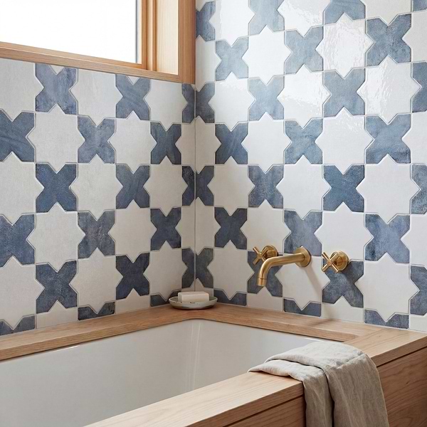 Parma White Polished Star and Denim Blue Matte Cross 6" Terracotta Look Porcelain Tile