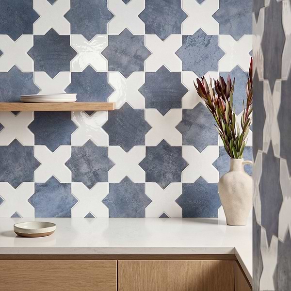 Parma Denim Blue Matte Star and White Polished Cross 6" Terracotta Look Porcelain Tile