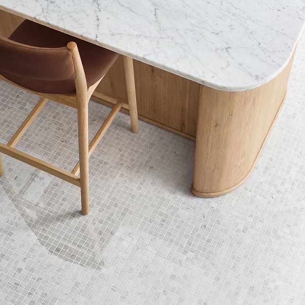 Bianco Carrara 1x1 Polished Marble Mosaic Tile in White, View 2, open zoomed image