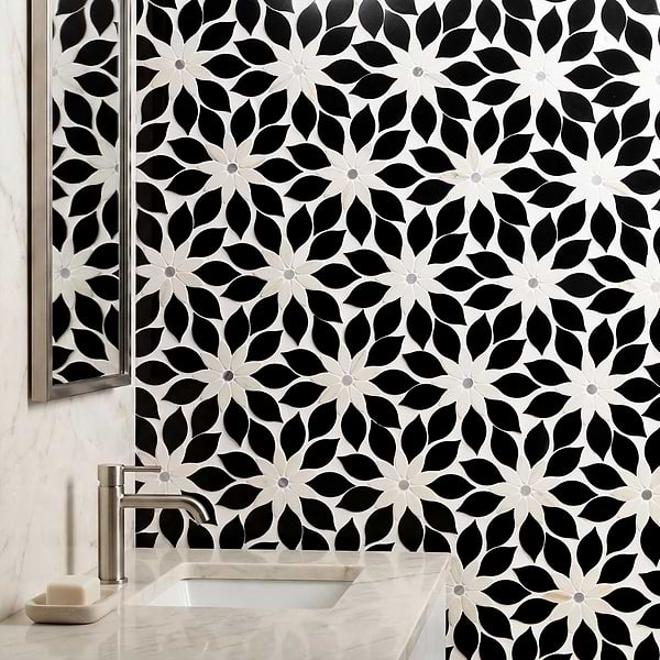 Wildflower Black Jade and Calacatta Marble Polished Mosaic Tile
