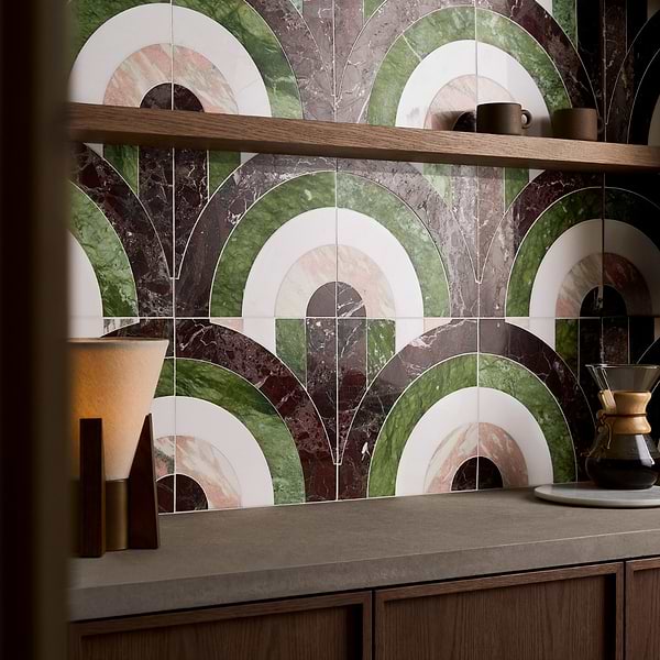 Elizabeth Sutton Arc Offset Semi-Circle Rainbow Multicolor 12x12 Polished Marble Mosaic Tile