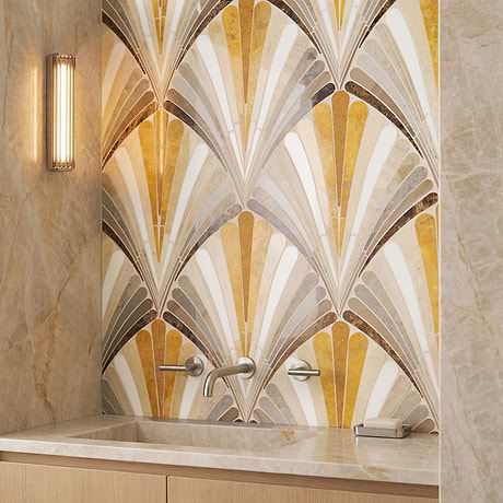 Fierra Goldfinch Multicolor 11x24 Fan Polished Waterjet Marble Mosaic Tile