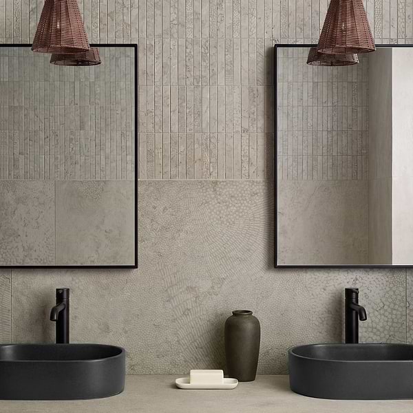 Corretta Deco Warm Gray 1x6 Stacked Semi-Polished Mosaic Tile in Gray, View 2, open zoomed image