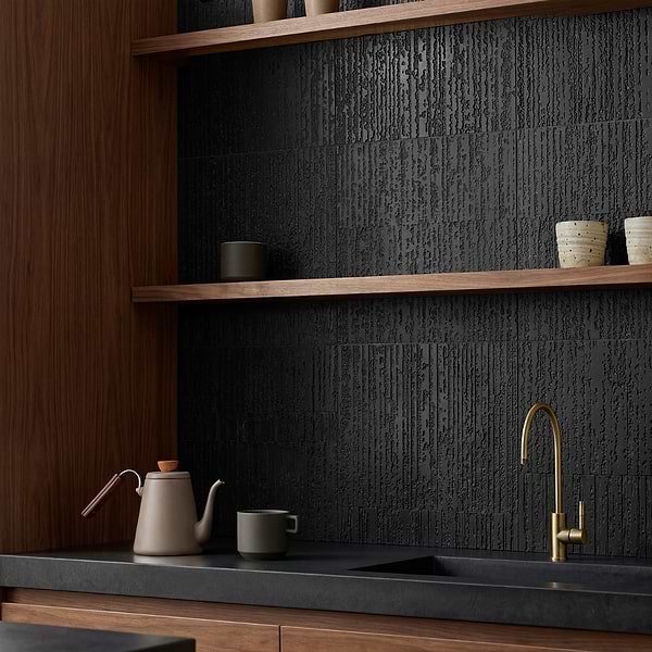 Stretto Carved Black Jade 16x16 Textured Honed Marble Tile in Black, View 2, open zoomed image